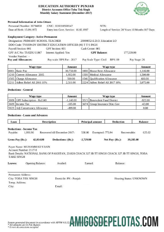 Declaração mensal de salário da Autoridade Educacional da ÍNDIA em Punjab em formatos Word e PDF amostra